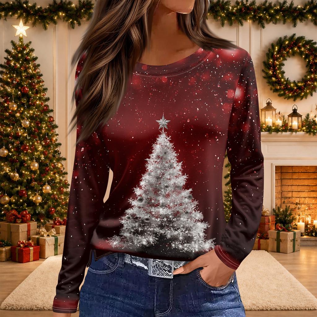 Women's Christmas Print Long Sleeve Top with Round Neck and Side Slit Hem Festive Holiday Blouse