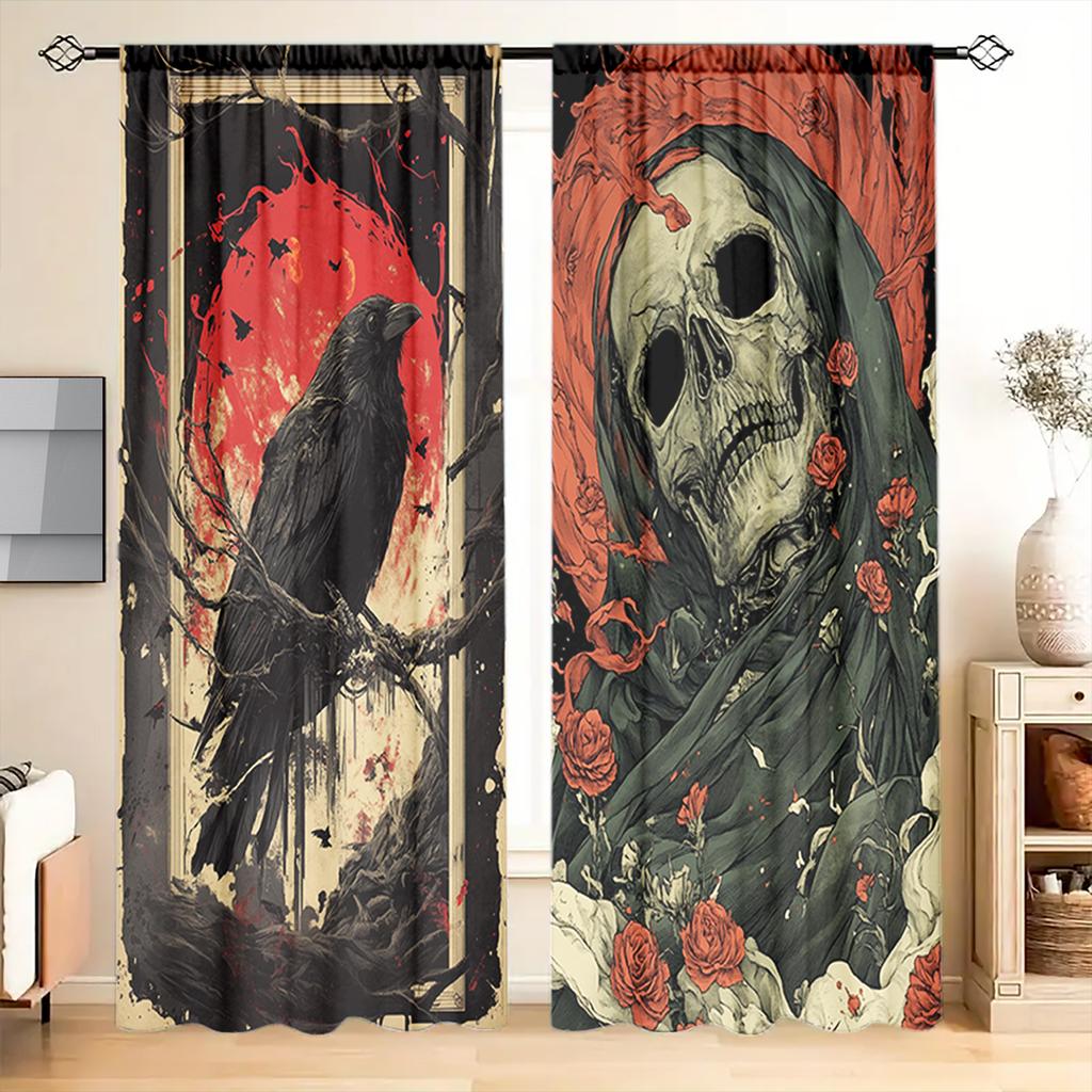 2pcs Skeleton and Crow Printed Curtain for Halloween Home Decor - Rod Pocket Window Treatment for Bedroom, Office, Kitchen