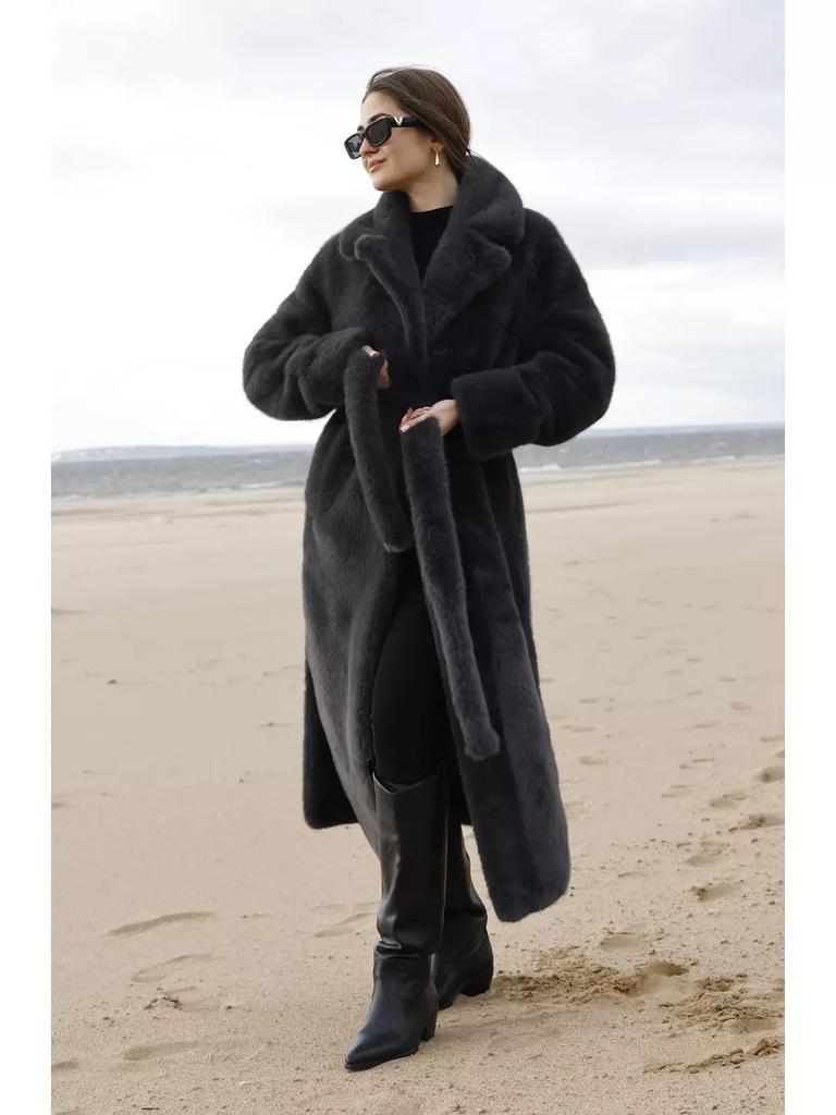 Faux Fur Long Coats Women Jackets Overcoats Lace Up Turn Down Collar Full Sleeve Open Stitch Thick Loose Y2k  Autumn Winter