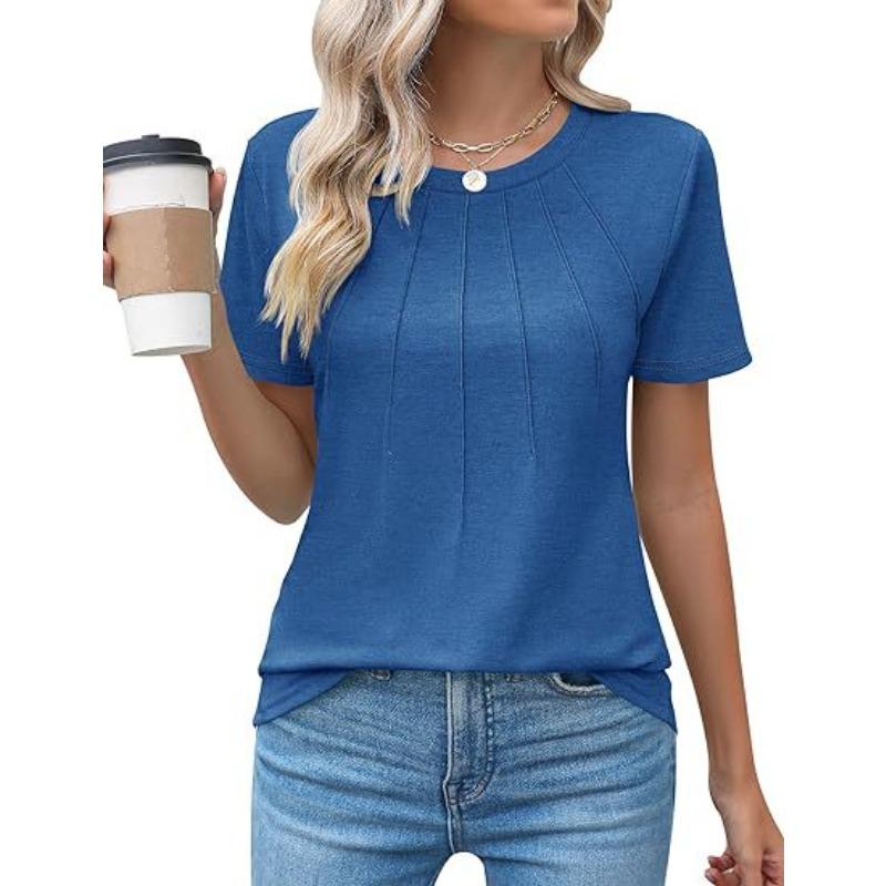 Spring and Suer Women s Crew Neck Pleated Short Sleeve Solid Color T-Shirt Top S синий
