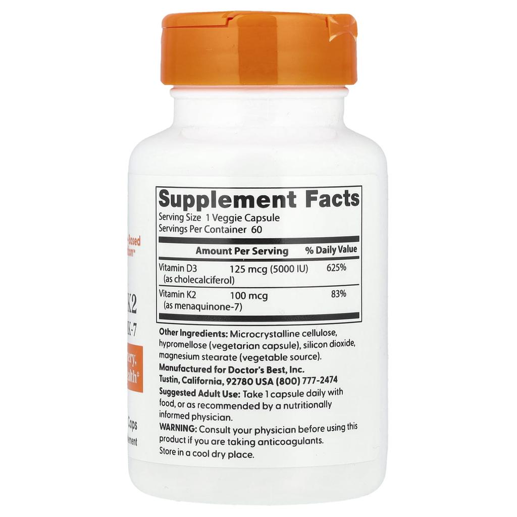 Doctor's Best Vitamin D3 + K2, Mk-7, 60 Veggie Caps