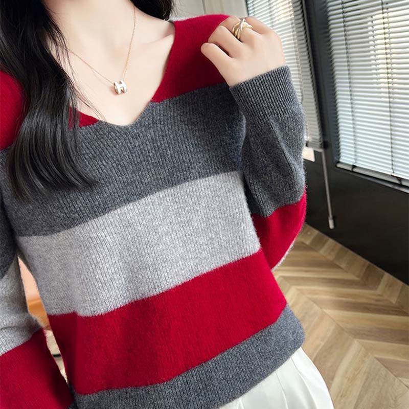 Sweater for Women Autumn Winter Thickened Warm Knitted Stretchy Long Sleeve V-neck Tops