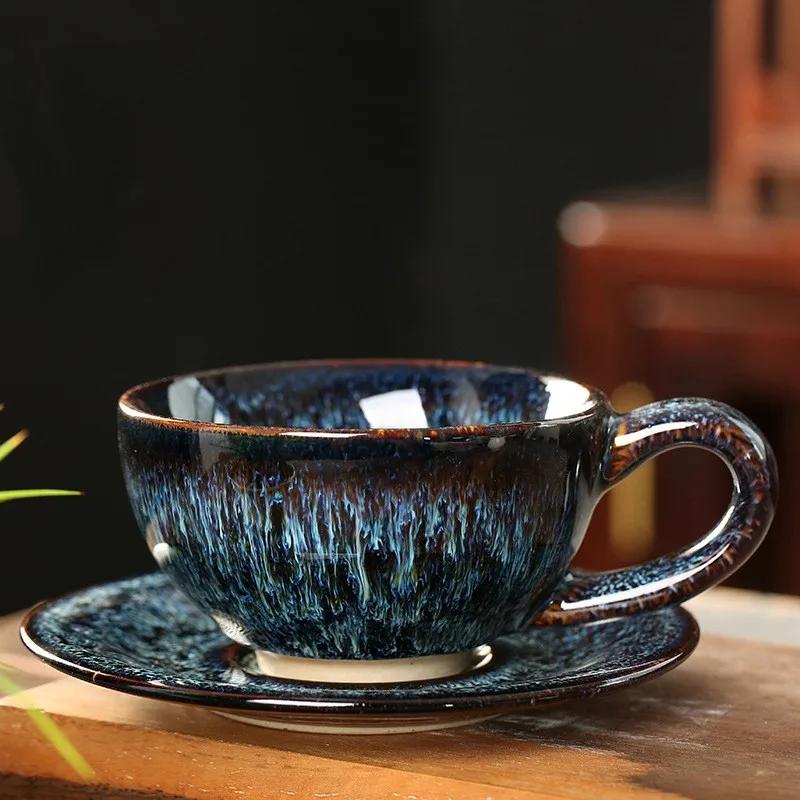 Ceramic Kiln Changed Coffee Cup and Saucer Set Creative Vintage Chinese Breakfast Cups Afternoon Tea Drinking Utensils