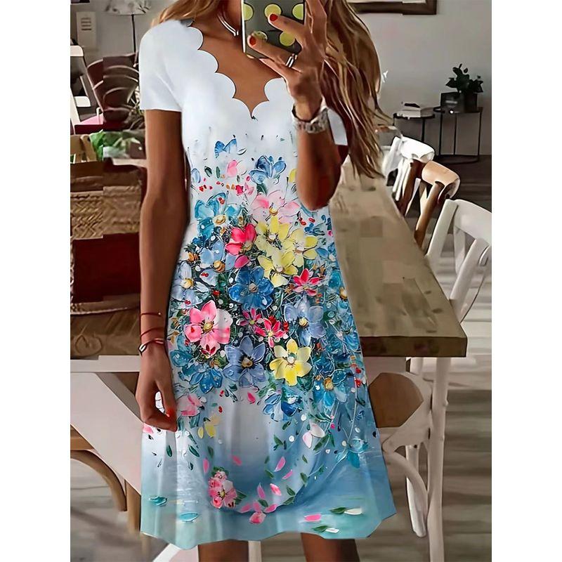 

Cross-Border European American Summer New Wave V-Neck Small Floral Fashion A- line Minimalist Short Sleeve Mid Length Long Length Dress Women Blue 2XL