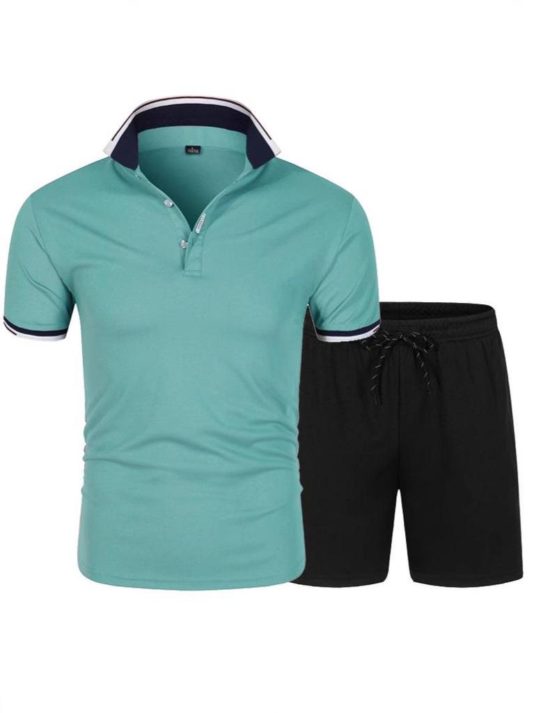 Men's Summer Short Sleeve Polo Shirt & Shorts Set - Fashion Lapel Color Contrast Casual Sportswear