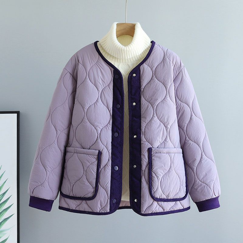 Herbst Winter High-End Rundhals Damen Cord Patchwork Diamantgesteppter Baumwollgepolsterter Mantel Locker Warme Steppjacke