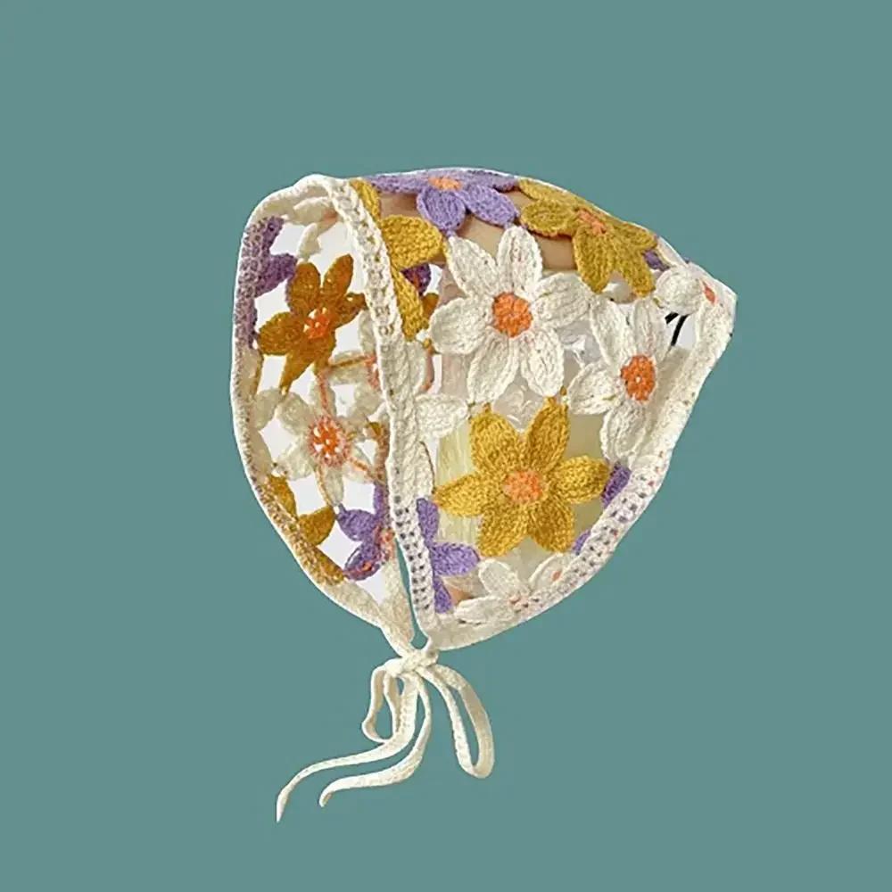 Gestricktes Dreieck-Stirnband im französischen Pastoralstil, kleines Blumen-Stirnband, Handtuch, handgefertigt, gehäkeltes Kopftuch, Mütze, Frühling/Sommer