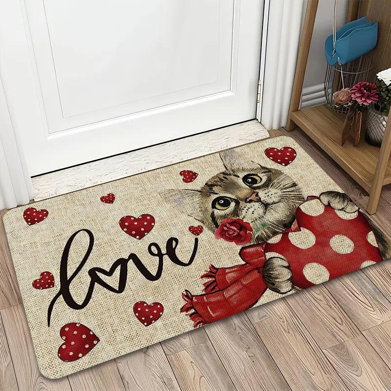 Rose Cat Valentine's Day doormat, easy to clean and durable