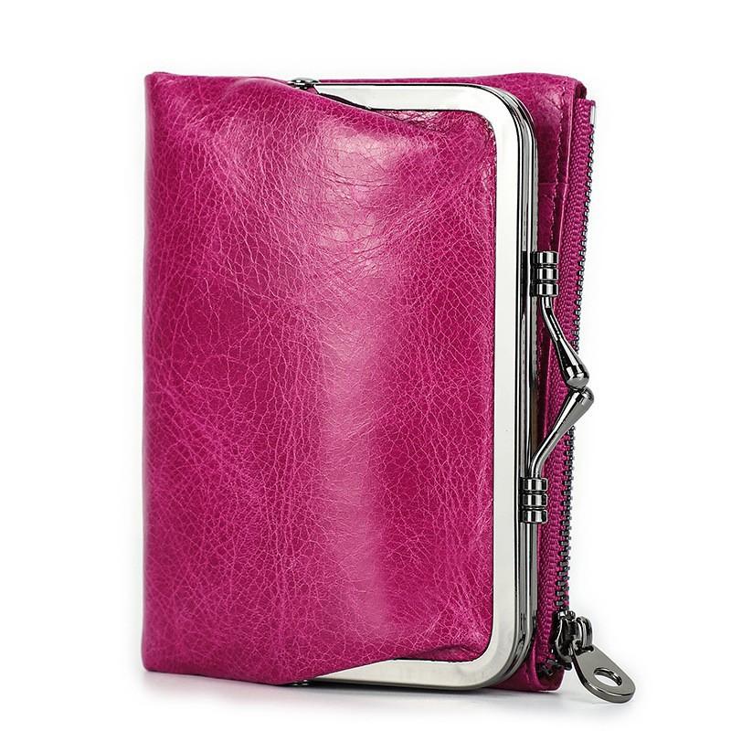 Head Layer Cowhide RFID Anti Magnetic Women's Wallet Casual Iron Hinge Multifunctional Short Leather