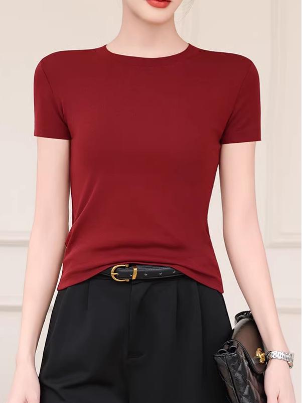 Women's Slimming Round Neck Short Sleeve T-shirt - Versatile, Breathable Solid Color for Spring/Summer