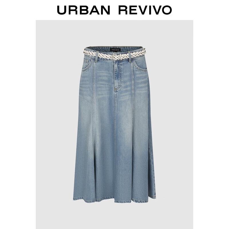 UR Women s Retro Denim A-Line Skirt with Woven Belt L