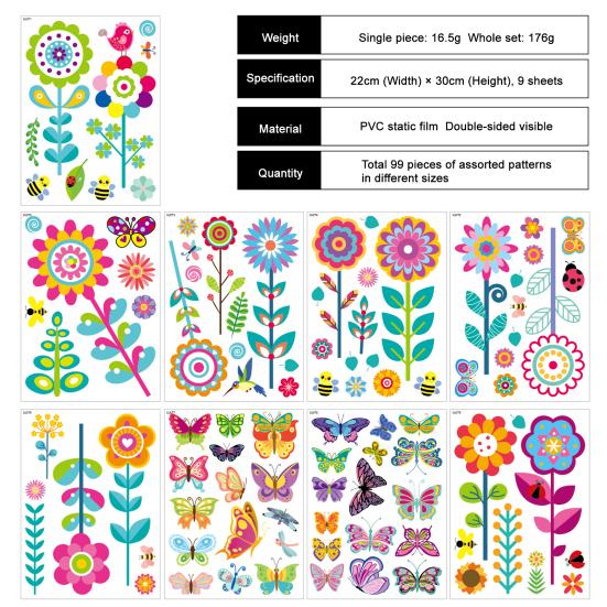9 Sheets Spring Flower Summer Colorful Flowers Window Clings Butterflies Bees Window