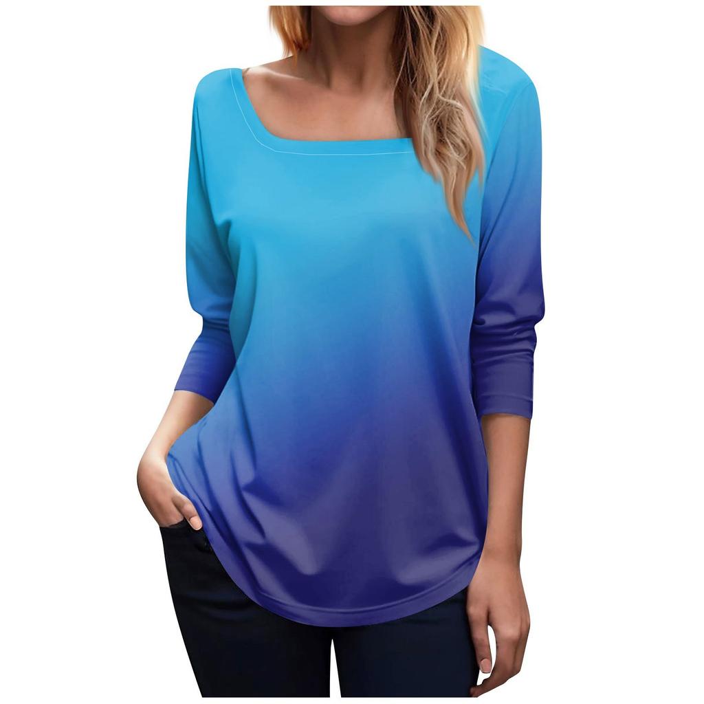 Women's Fashionable Waist Square Neck Long Sleeve Gradient Print T-Shirt Top