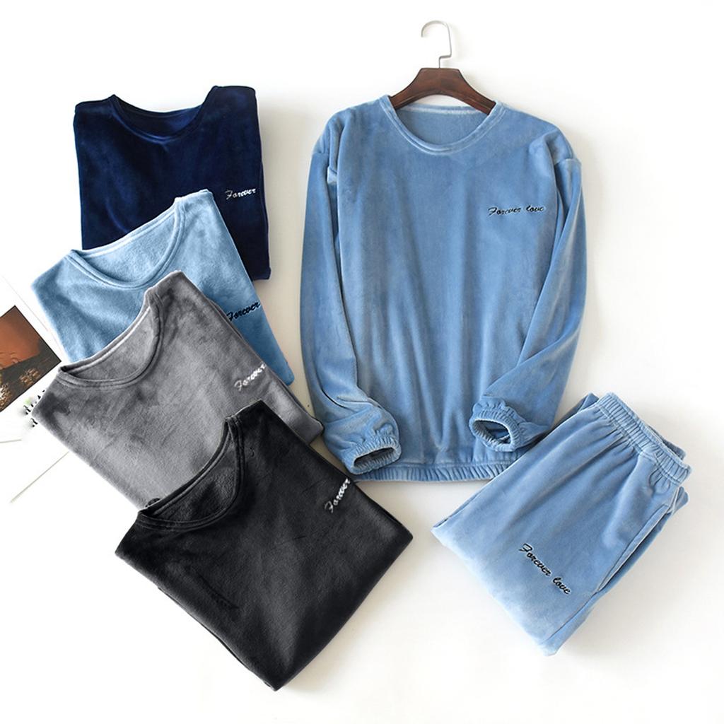 Men's Thermal Fleece Thick Warm Pyjamas Suit Long Sleeve Casual Home Pyjama Set