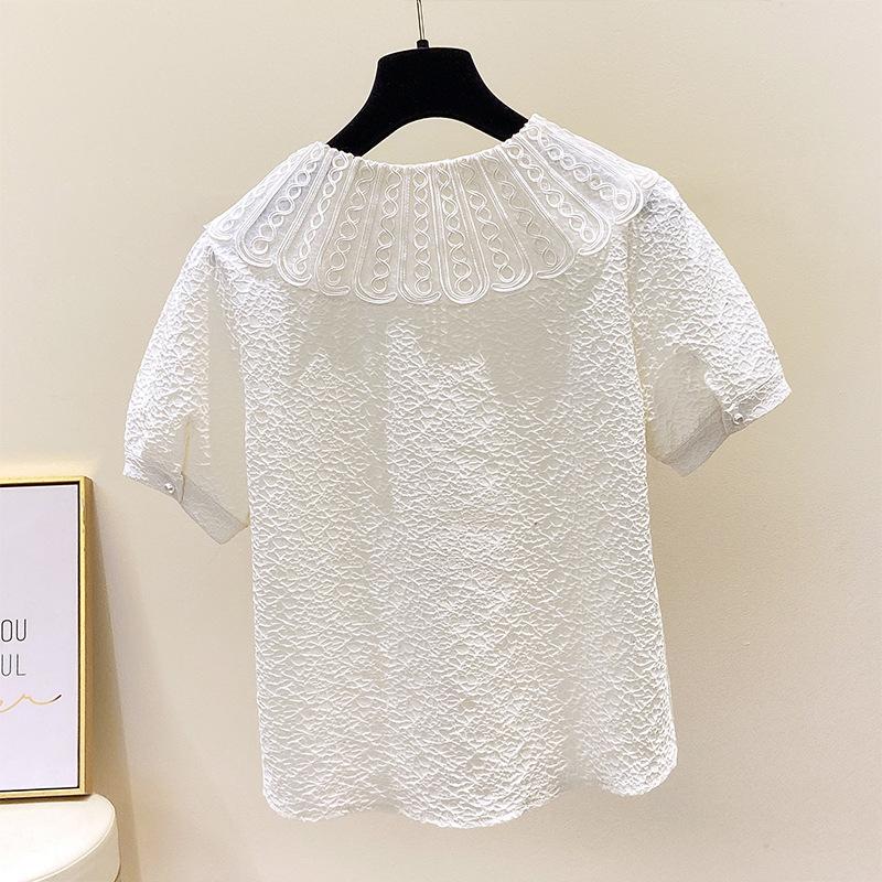 Plus Size Women Doll Collar Short Sleeve Shirt Letnia Vintage Jacquard Top
