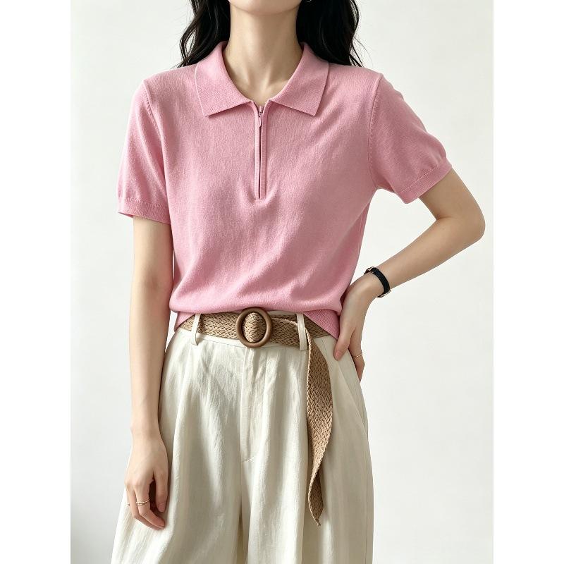 Summer Semi-zipper Design Knitted Sweater Women's French Lapel Chic Short-sleeved Bottoming Shirt Short Top