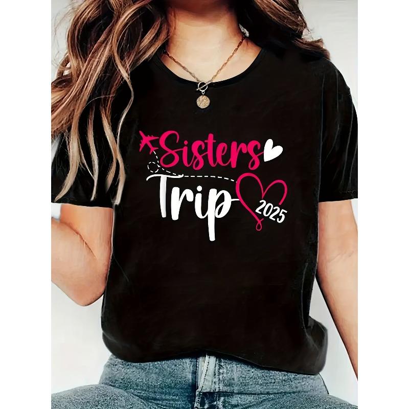 

European sizes Women S Sisters Trip 2025 Graphic T-Shirt - Black Casual Short Sleeve Crew Neck Top with Heart & Star Design, Perfect for Summer 4XL чорний