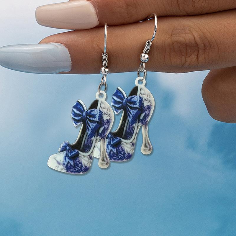 Сине-белые фарфоровые туфли-лодочки на высоком каблуке, акриловые серьги, креативные китайские винтажные универсальные серьги