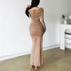 Autumn New Women's Solid Color Slim High Waist Fashion Round Neck Long Sleeve Sheer Dress
