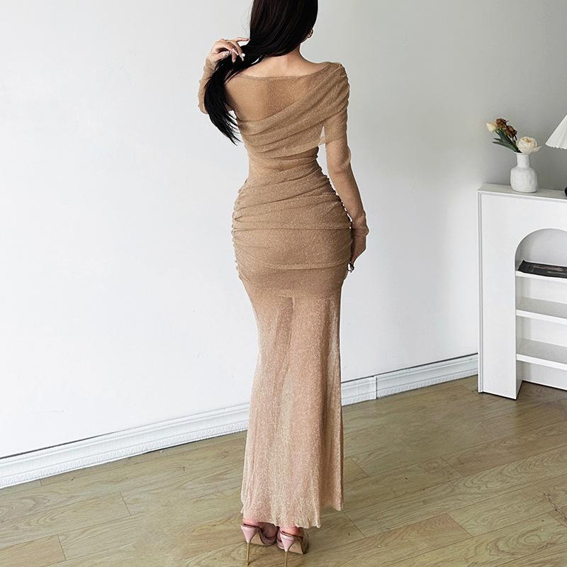 Autumn New Women's Solid Color Slim High Waist Fashion Round Neck Long Sleeve Sheer Dress