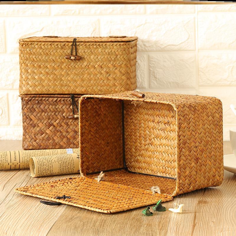 Multi-size Seagrass Storage Basket with Lid Woven Rectangular Shelf Basket Bins Desktop Organizer Chirstmas Gift Basket