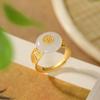 Inspired Design New Gold -Plated Inlaid Natural Hetian Jade Round Open Ring Elegant Charm Ladies Silver Jewelry