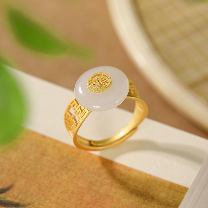 Inspired Design New Gold -Plated Inlaid Natural Hetian Jade Round Open Ring Elegant Charm Ladies Silver Jewelry