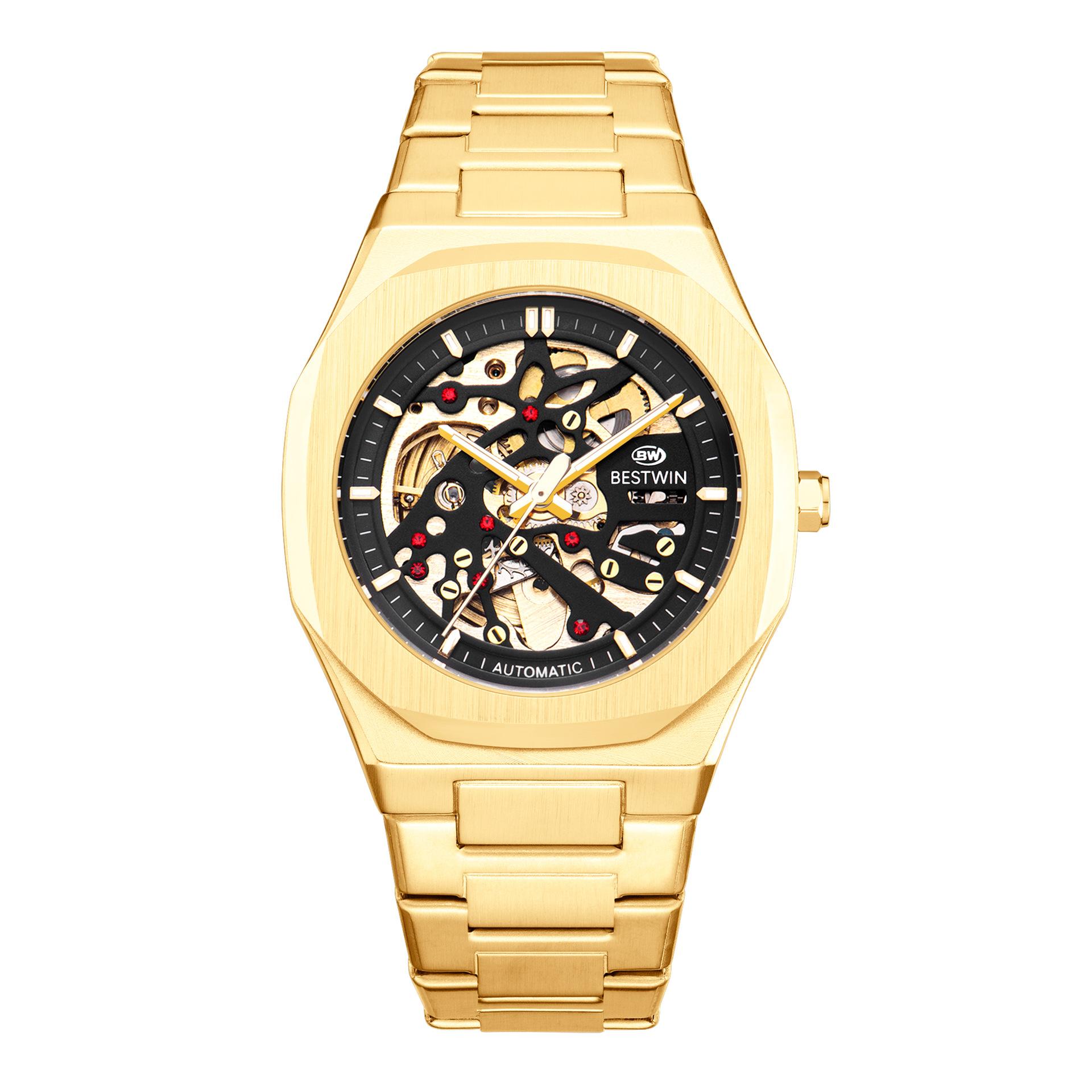 Mens Square Automatic Watches Skeleton Luminous Dial Stainless Steel Bracelet Watch Self-Winding Mechanical Dress Wristwatch Full Gold чёрный