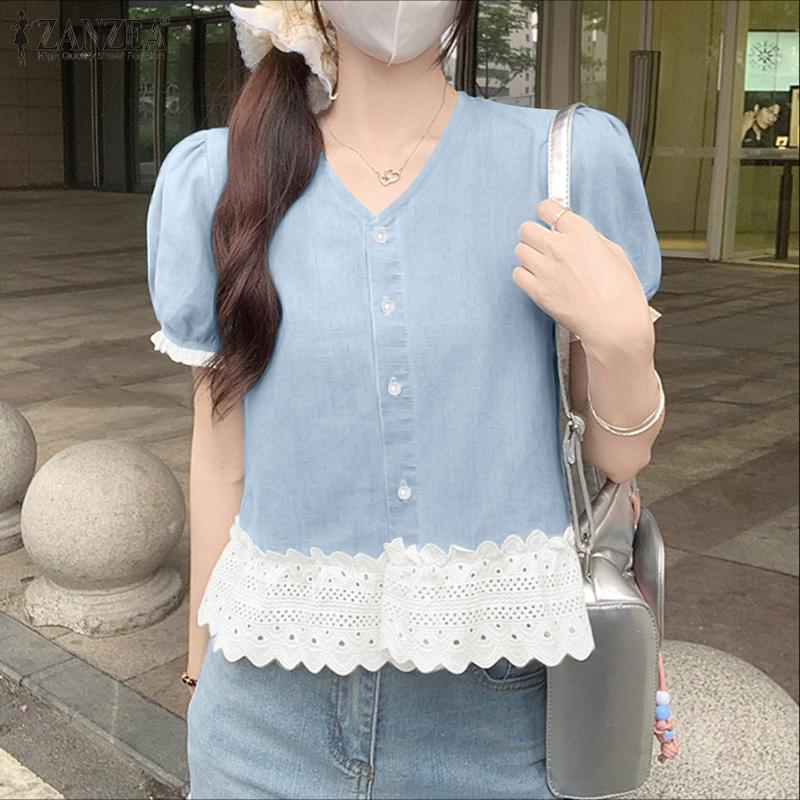 

ZANZEA Women Casual V-Neck Lace Crochet Patchwork Summer Short Sleeve Blouse S світло-синій колір