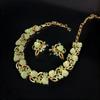 Vintage Fresh And Delicate Colored Diamond Leaf Hollow Ear Clip Set Three-Dimensional Design Green Necklace