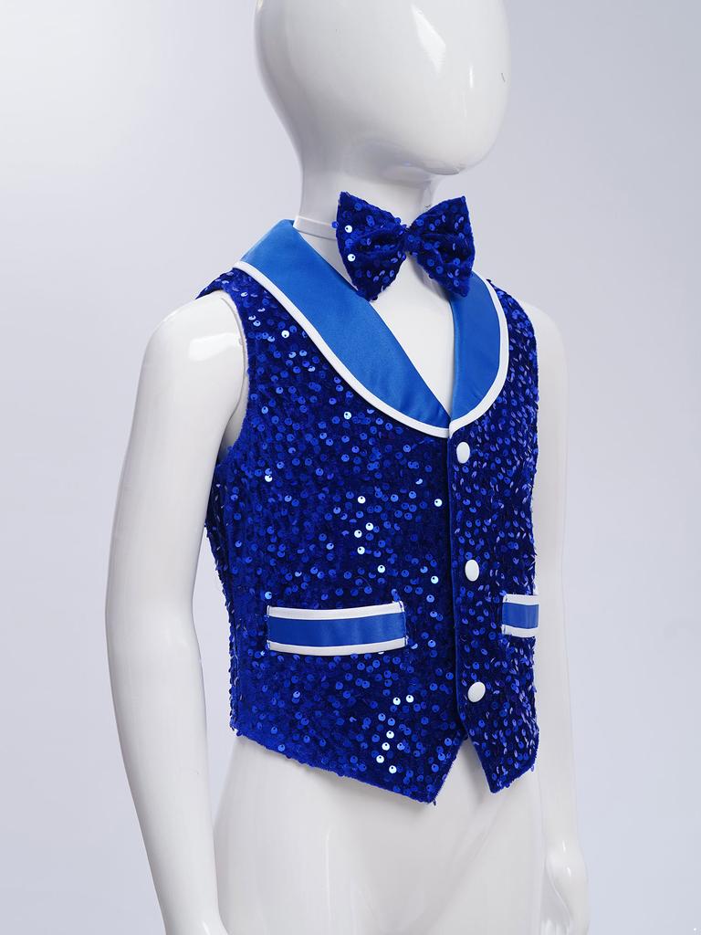 Unisex Kids Metallic Sequins Dance Vest Sparkling Buttons Irregular Hem Waistcoat Bowtie Party Costume