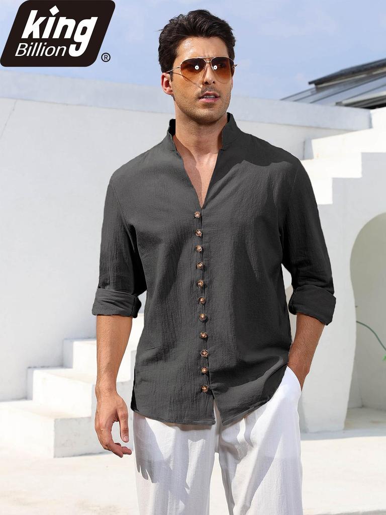 Men's Linen Cotton Blend Long Sleeve Shirt - Stylish Single Breasted Henley Neck Casual Tops for Daily Wear