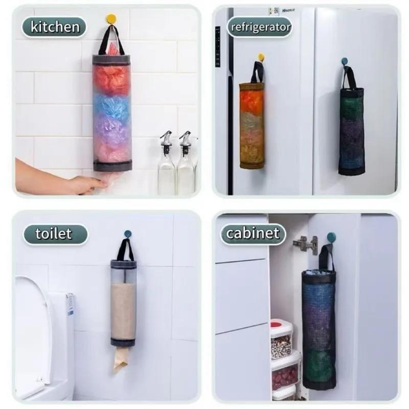 Wall-Mounted Trash Bag Holder Plastic Shopping Bag Storage Magic Net Pocket Kitchen Door Back Storage Organizer Polyester Fiber