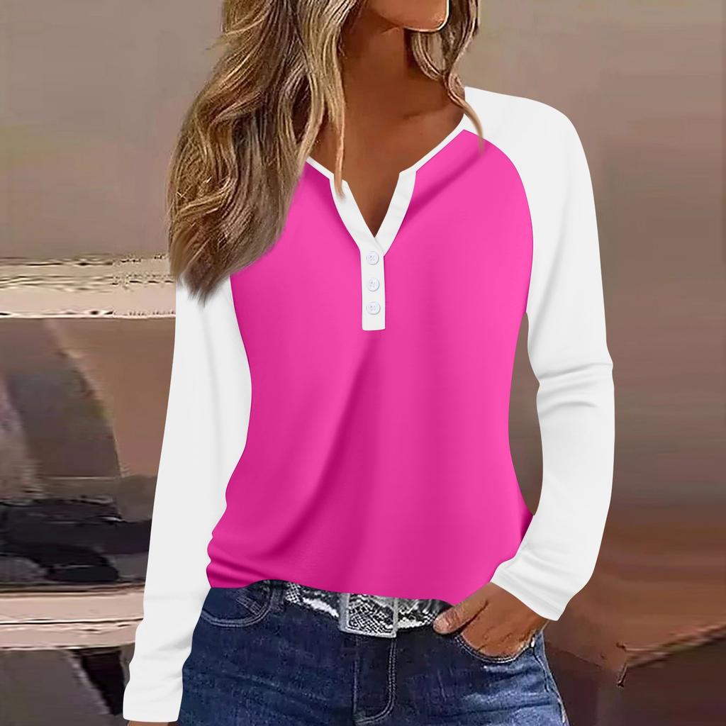 Women's T Shirt Color Block Button Long Sleeve Daily Weekend Fashion Basic V- Neck Regular Top
