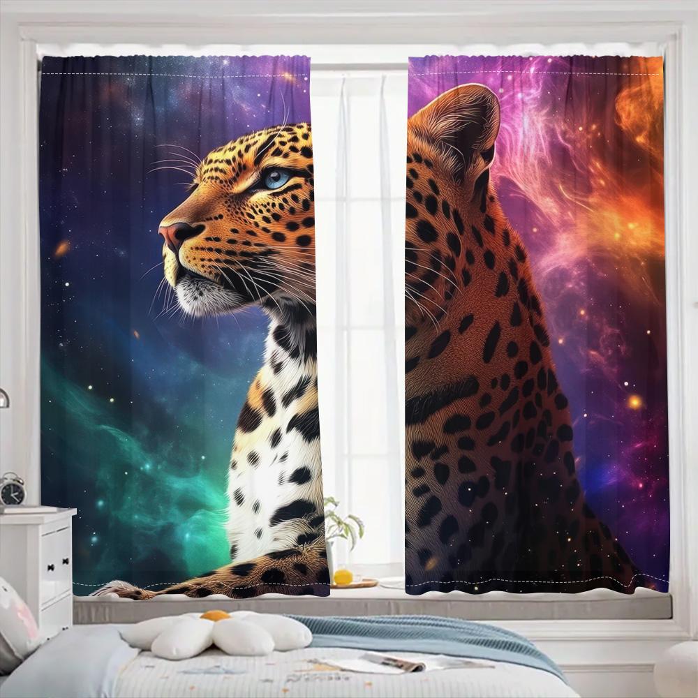 Forest Leopard And Starry Sky Background Curtain, Beautiful, Dreamlike Color, A Set Of Two, Home Bedroom Living Room Curtain.