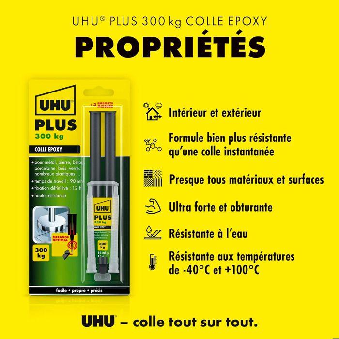 Colle epoxy - uhu - tube 15 g - supporte 300 kg - 2 seringues + mixer - fixation 12 h