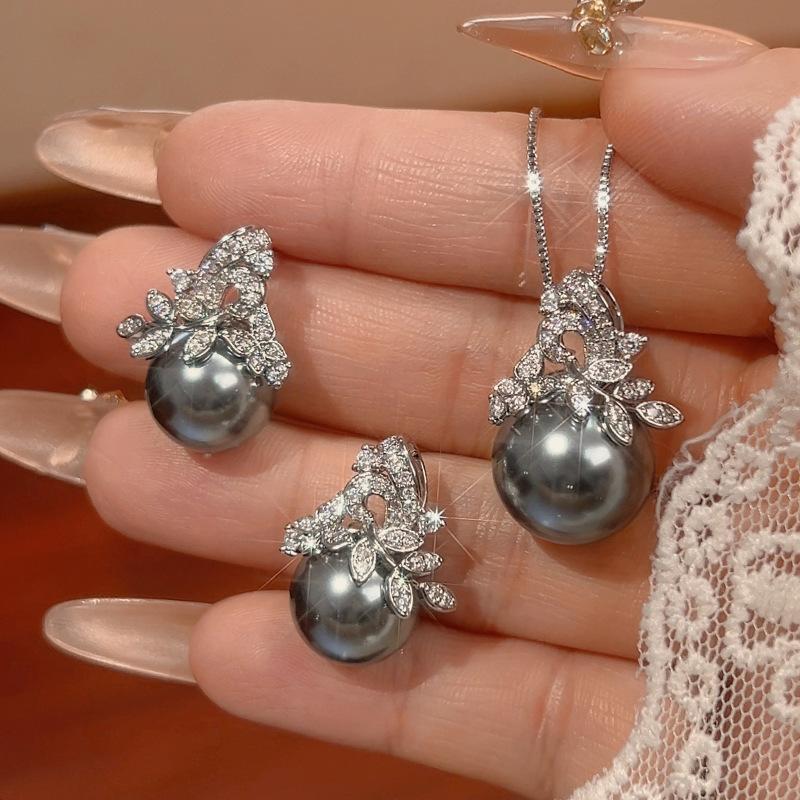 Pearl Set, High-End Zircon Earrings, Necklace, Flower-Shaped Light Luxury And Elegant Women