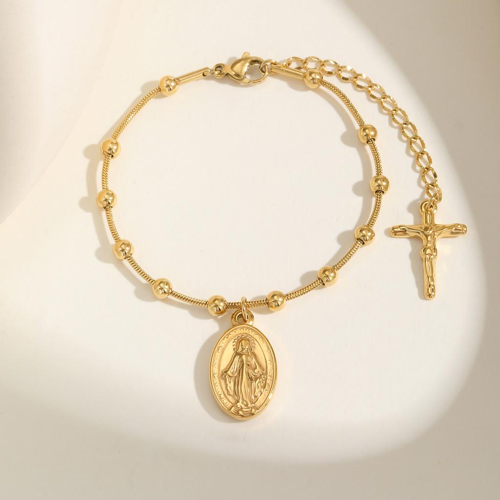 Holy Rosary Cross Beaded Bracelets for Women, Snake Chain Vintage Minimalist Charm Bracelets, Stainless Steel Jewelry Gifts