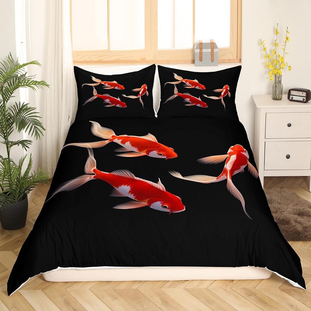 Koi Duvet Cover King Cherry Blossom Japanese Ukiyo-e Bedding Set Sakura Marine Animals Comforter Cover,Pink Romantic Quilt Cover