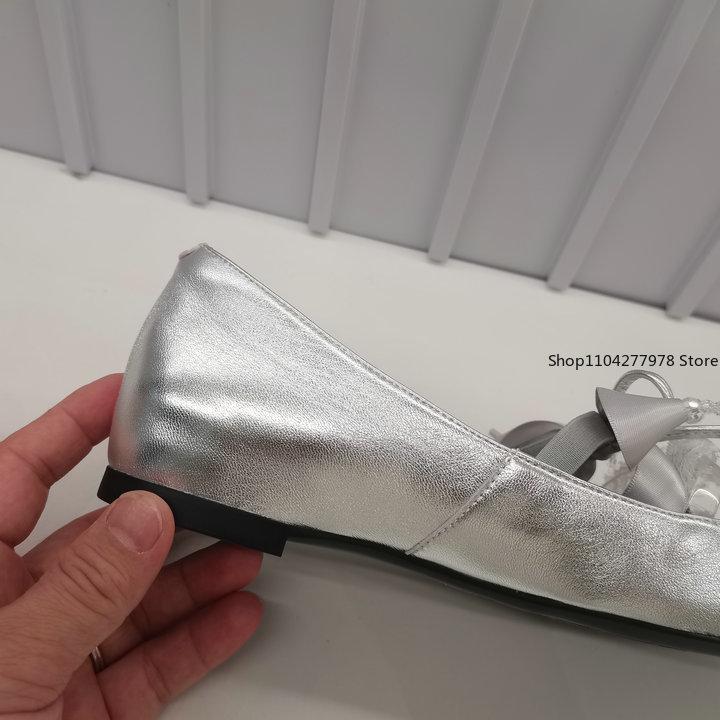 Fashion Ballet Silver Flats Spring Mary Jane Shoes Small Square Bow Flat Shoes Lazy Slip-on Single Shoes Soft Sole Comfort Dress Pumps