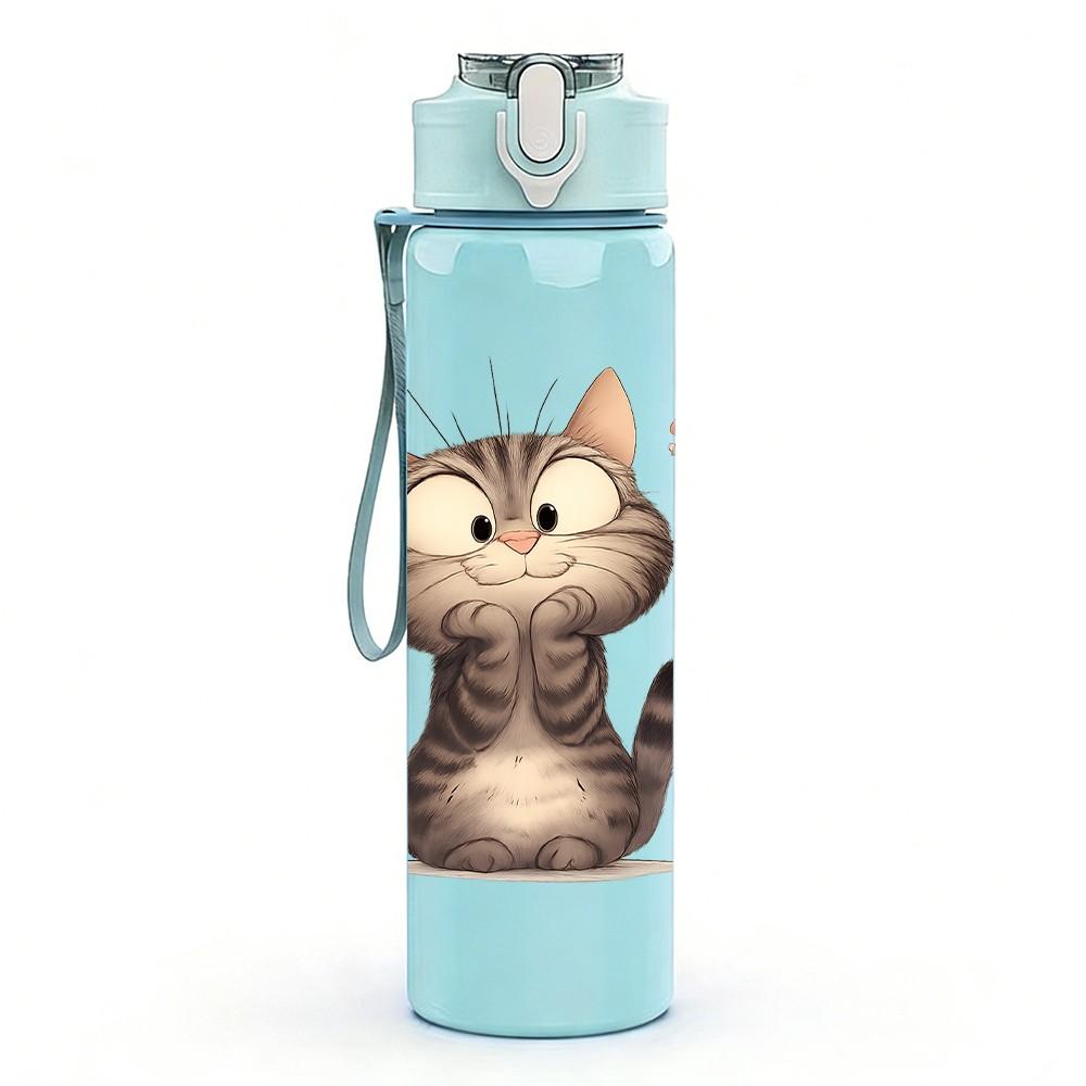 1PC Soft Kitten Simple Art 750ml Color Plastic Sports Water Bottle Leakproof Flip Straw Lid Suitable for Sports Office Home Use