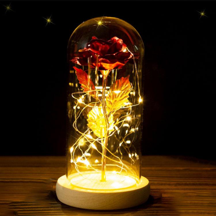 Glass cover LED light gold foil rose Christmas send girlfriend luminous rose night light handmade flower