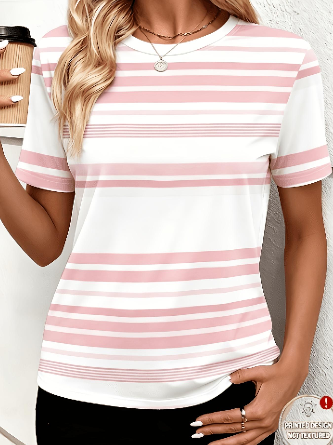 

Women s short-sleeved top, green stripe design, full print, round neck, casual T-shirt, XXS