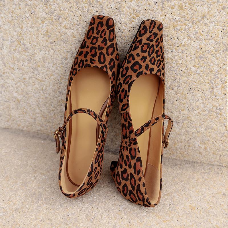 Fashion 2024 New Spring Women Pumps Leopard Print Square Toe Genuine Leather Women Shoes Mary Janes Black Kid Suede Ladies Shoes