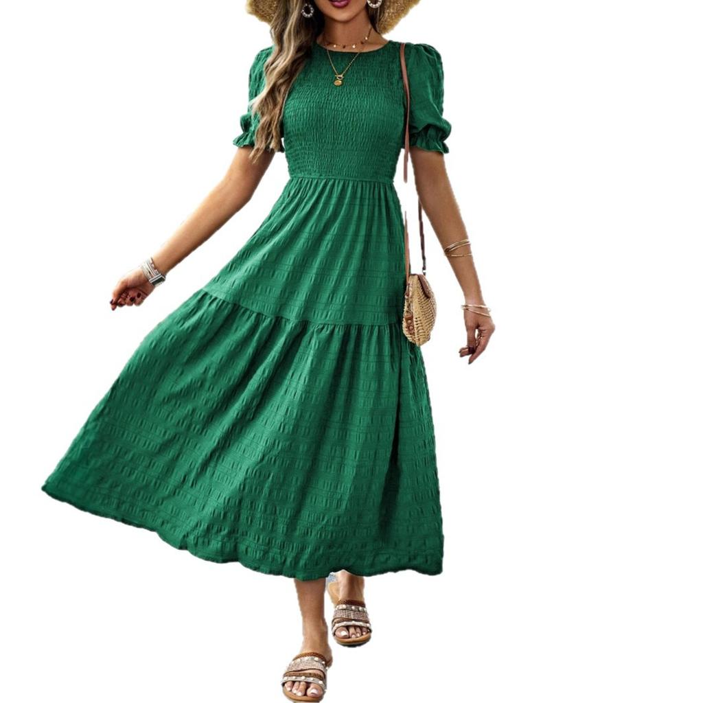 Casual Vacation Style Lotus Leaf Sleeve Cinched Waist Women's Long Dress 2025