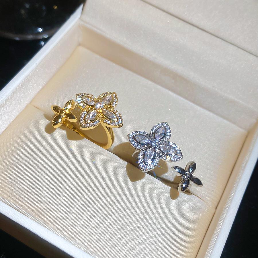 Elegant Zirconia Flower Open Ring - French Style, High-End Luxury Jewelry for Women