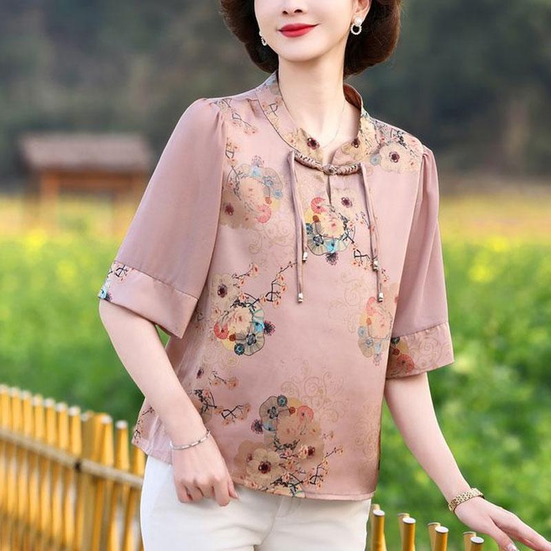 Stand Collar Loose Blouse Summer Vintage Floral Printed Women Folk Chinese Disc Buckle Half Sleeve Shirt