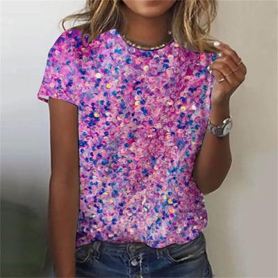 Letni gorący damski T-shirt z krótkim rękawem i okrągłym dekoltem, z nadrukiem cyfrowym 3D z brokatem, moda uliczna
