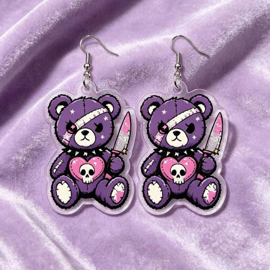 Lightweight Acrylic Earrings 1 Pair Halloween Dangle for Women, 2D Cute Edgy Dark Aesthetic Jewelry Skeleton Bear Earrings, Funny Party Holiday