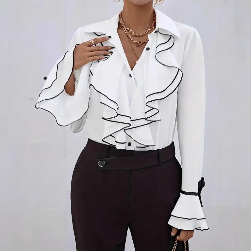 Women Elegant Ruffled Blouse With Contrast Trim Long Sleeve V Neck Workwear Shirt S